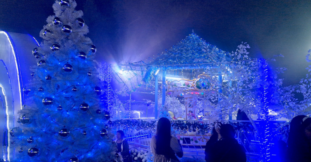 Christmas tree, festive decorations, and twinkling lights in Baguio Country Club